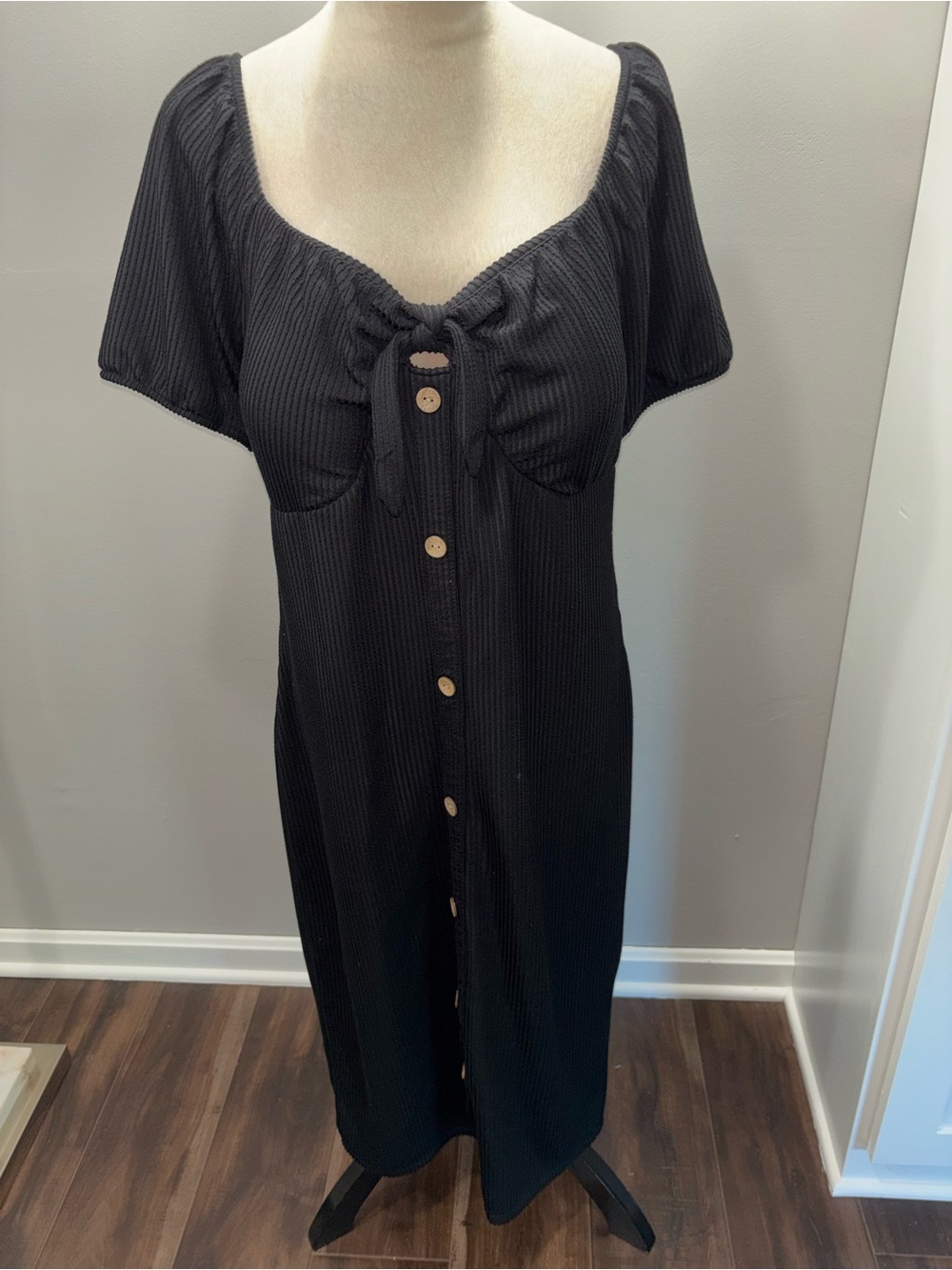 No Boundaries Black Faux Button-Front Midi Dress with Tie Detail
